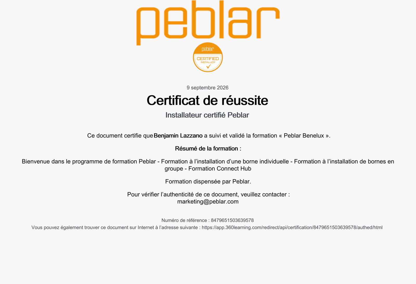 Certificat de réussite Peblar — Installateur certifié Peblar, formation Peblar Benelux validée le 9 septembre 2026